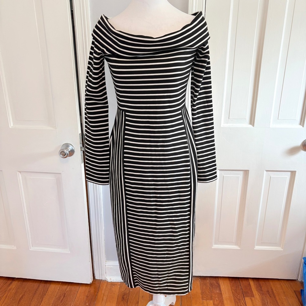 Derek Lam 10 Crosby Women Large Dress Black White Stripe Off Shoulder Midi
